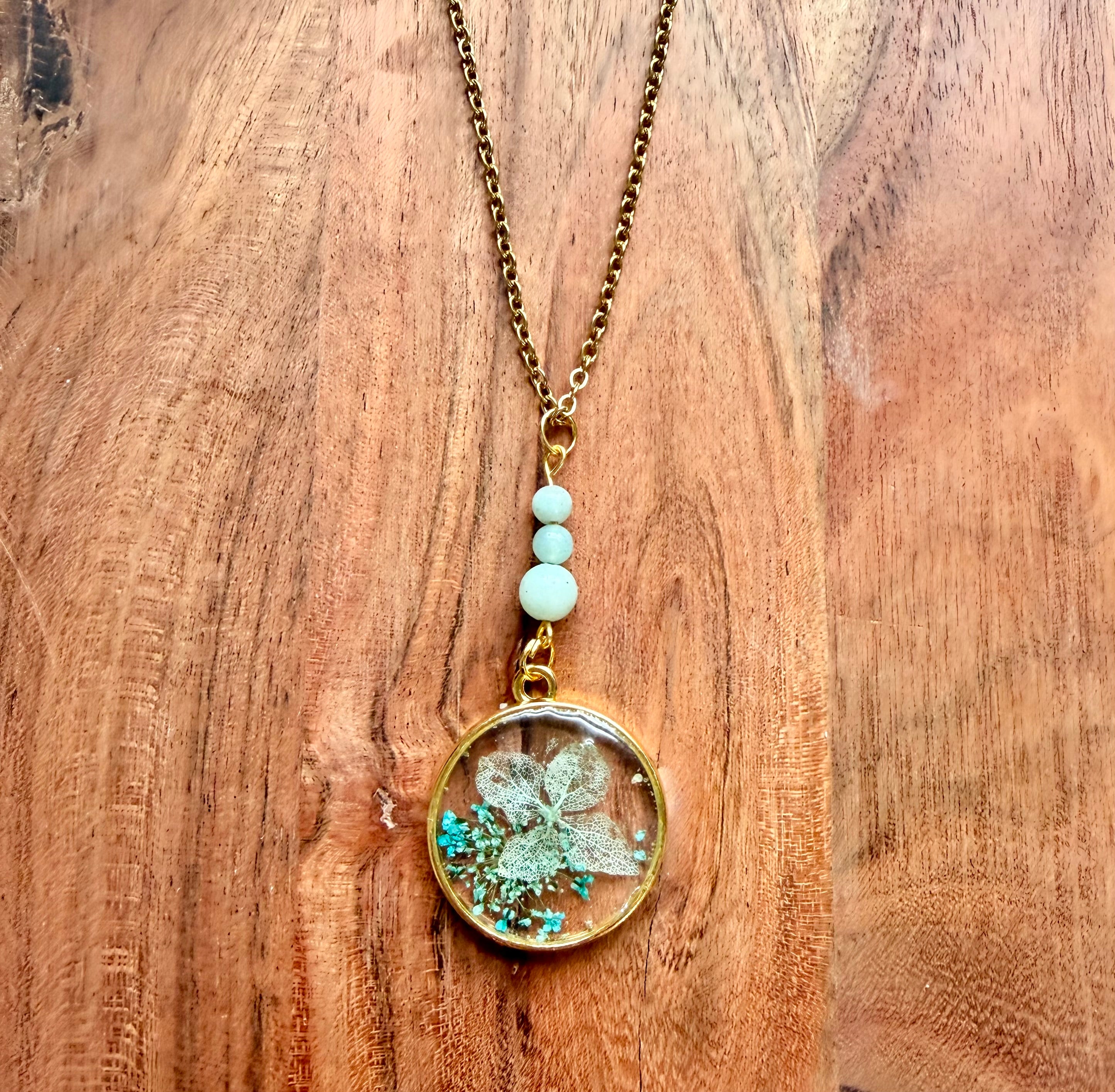 Amazonite Botanical Necklace – Silver Chain