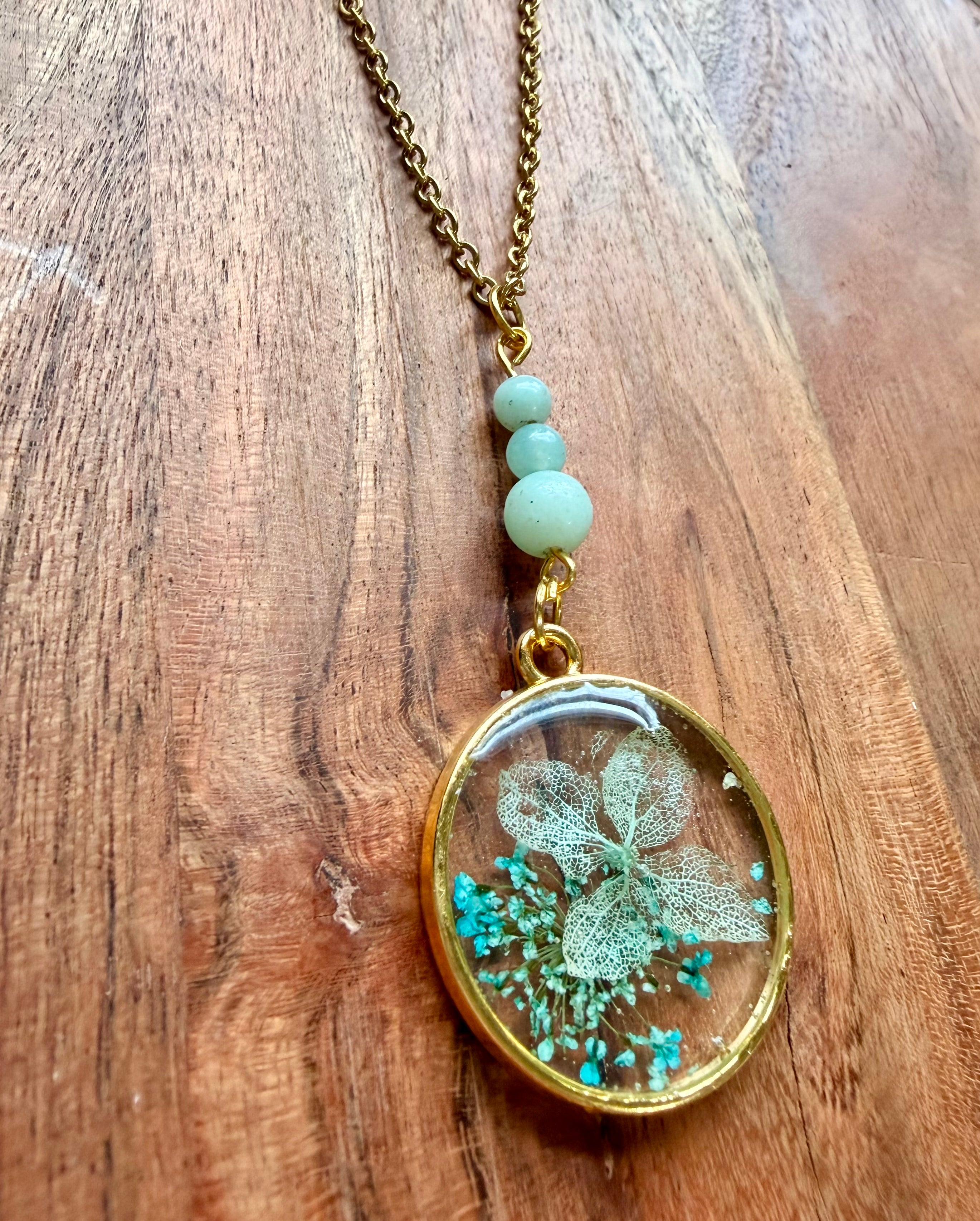 Amazonite Botanical Necklace – Silver Chain