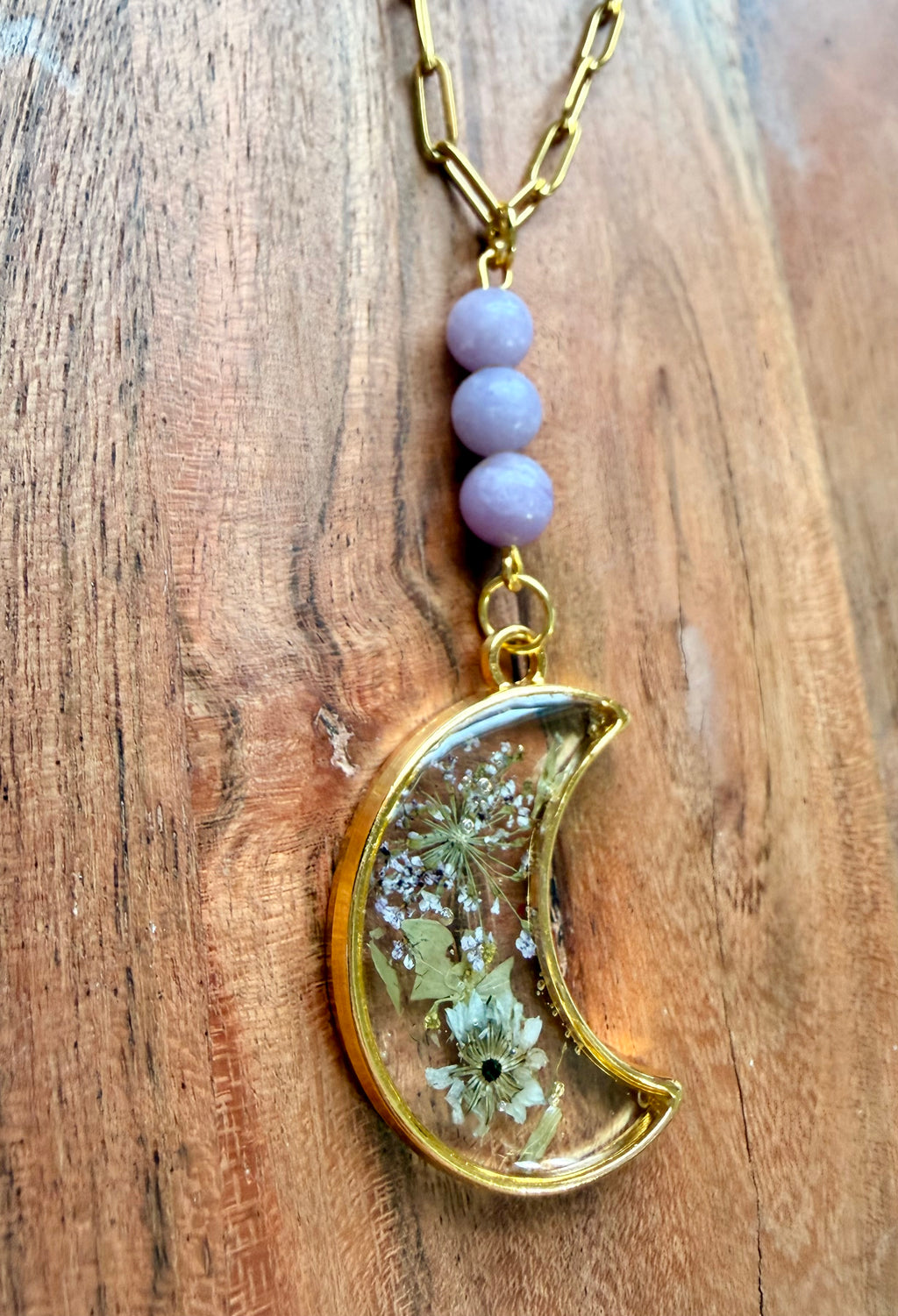 Kunzite Botanical Moon Necklace – Gold Plated Chain