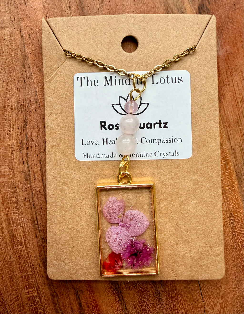 Rose Quartz Botanical Necklace – Gold Plated Chain