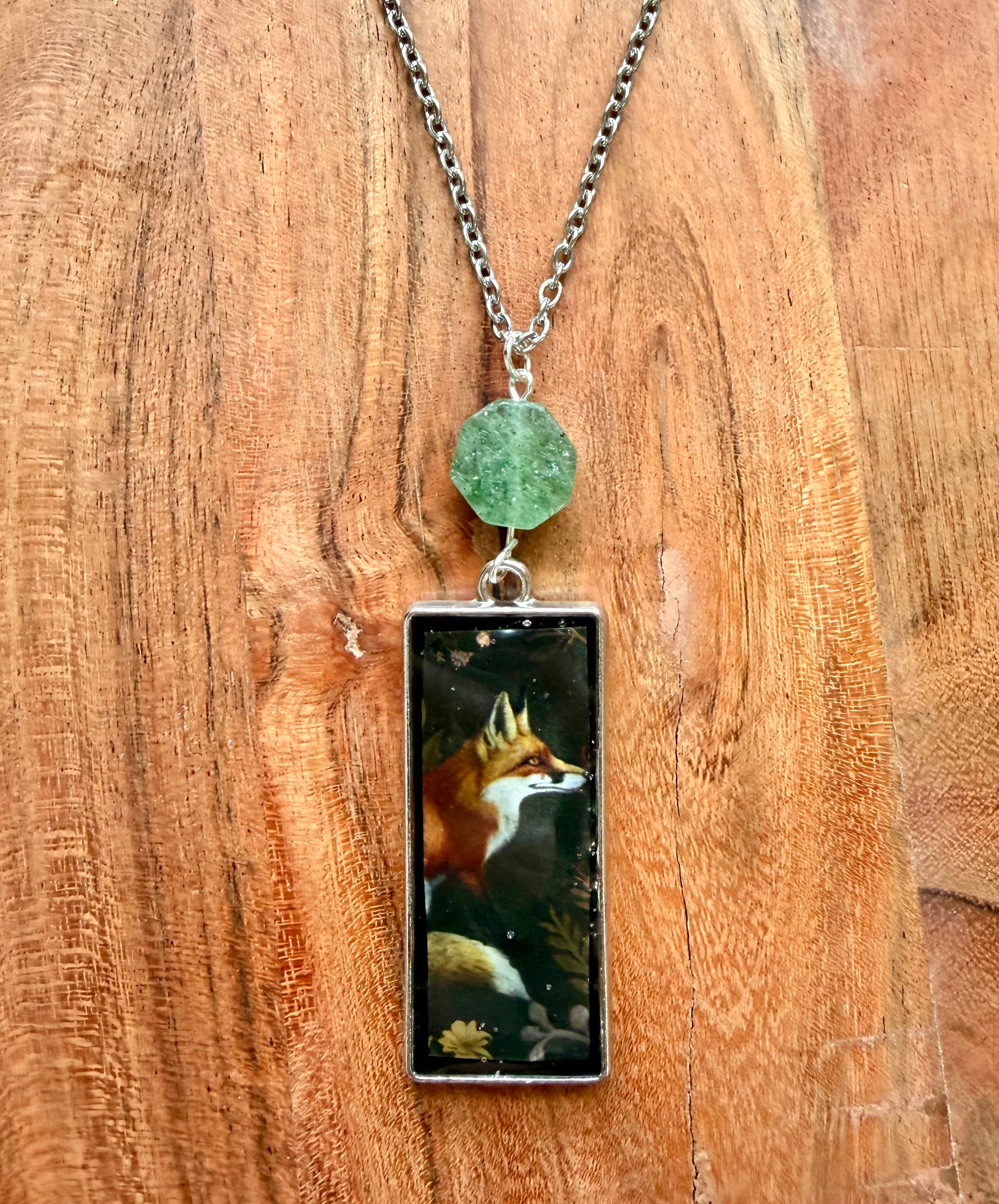 Green Aventurine Fox Necklace – Silver Chain