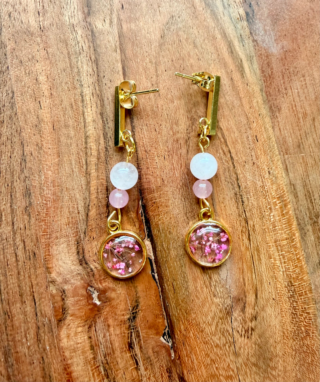 Rose Quartz Botanical Earrings – Gold Plated Stainless Steel Post