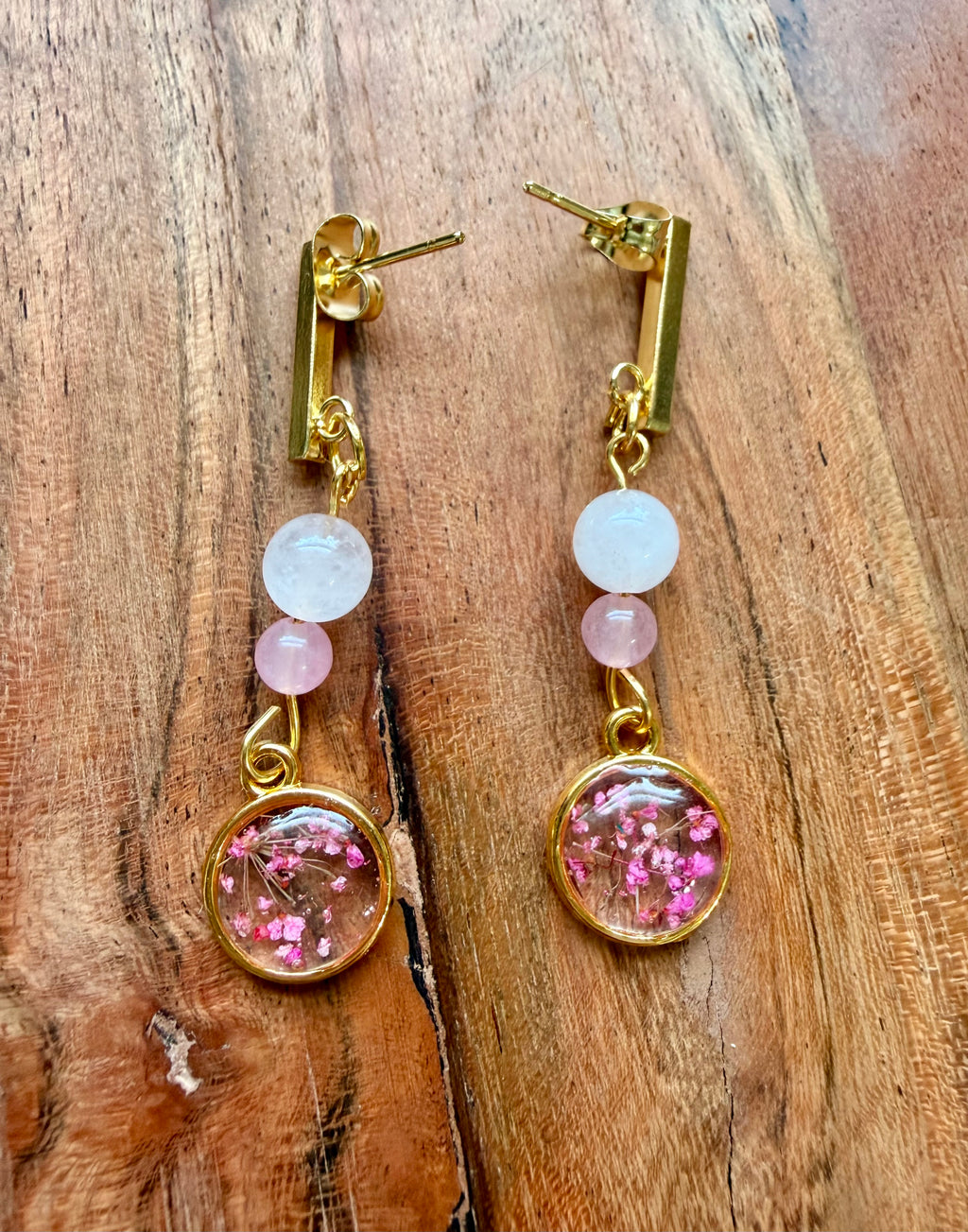 Rose Quartz Botanical Earrings – Gold Plated Stainless Steel Post