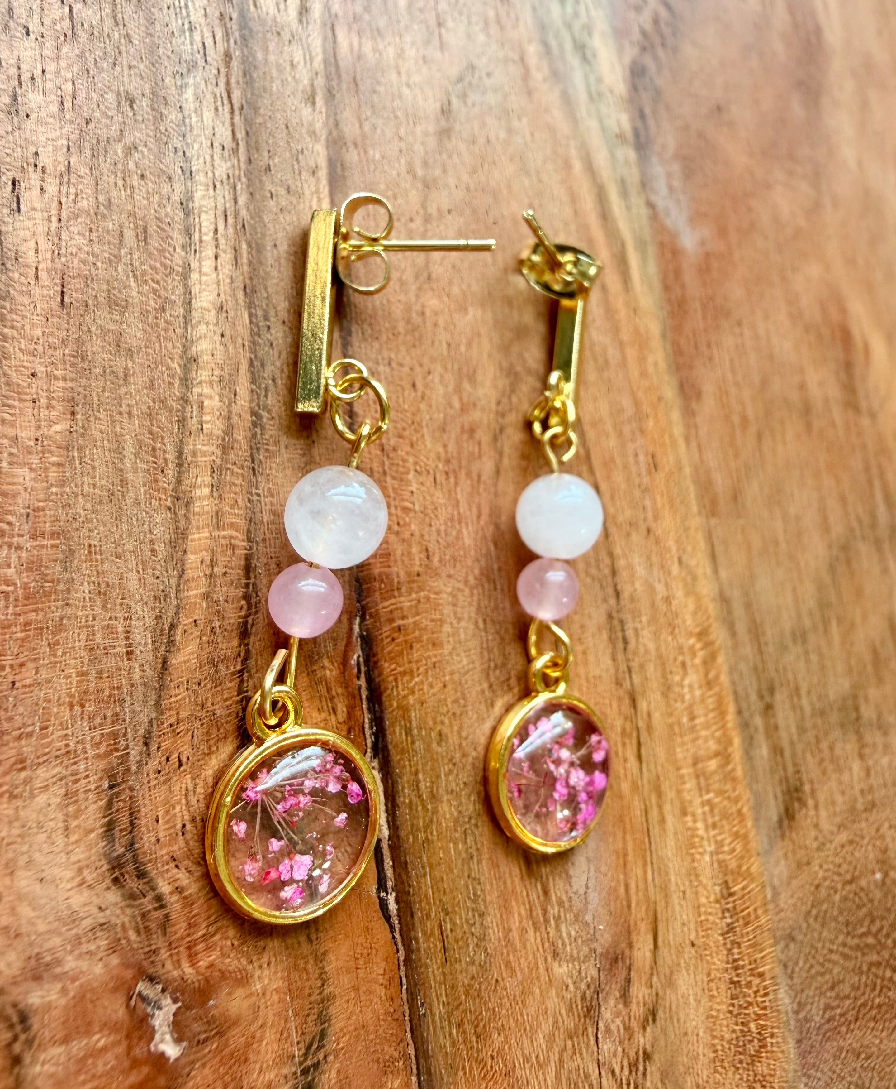 Rose Quartz Botanical Earrings – Gold Plated Stainless Steel Post