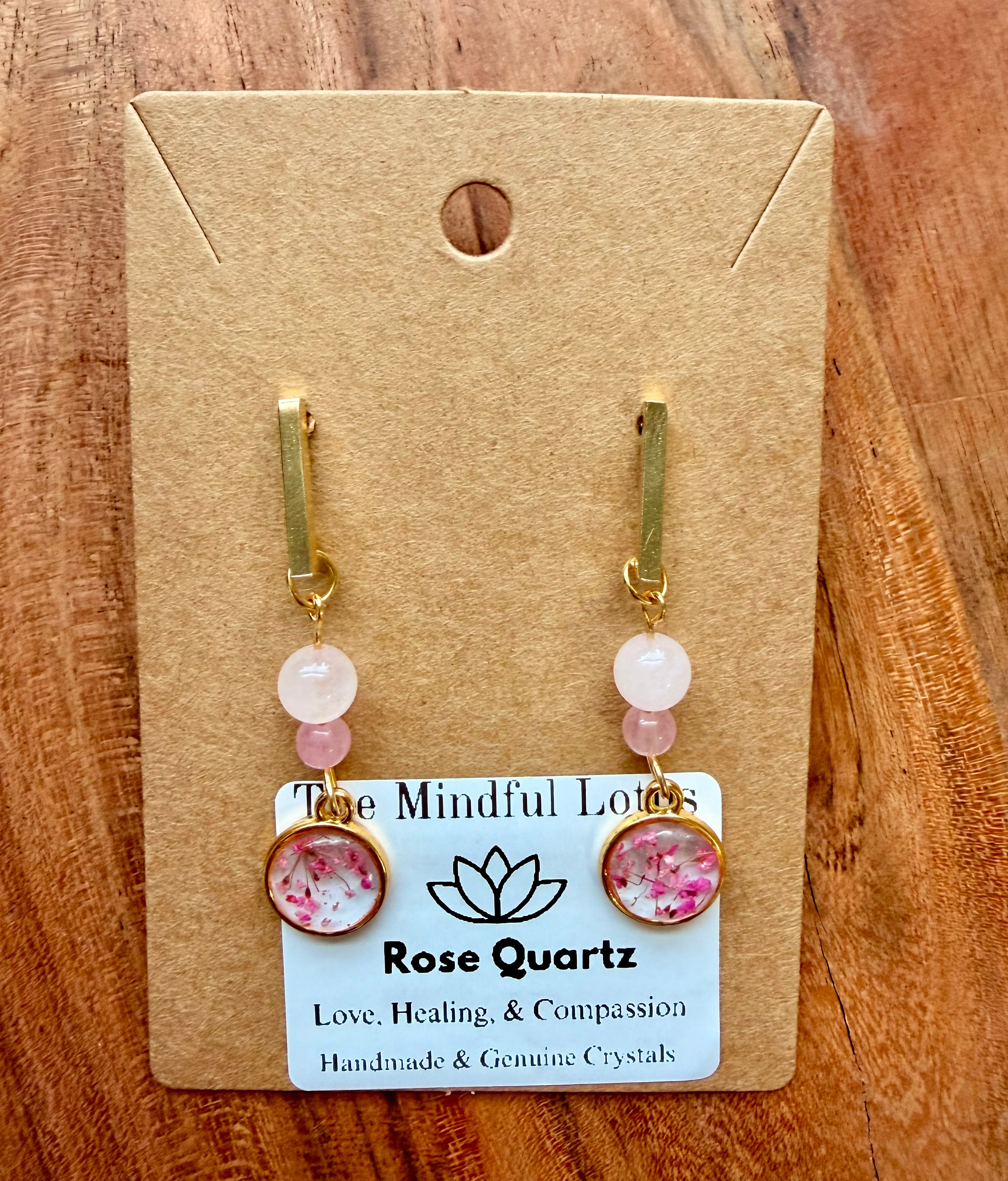 Rose Quartz Botanical Earrings – Gold Plated Stainless Steel Post