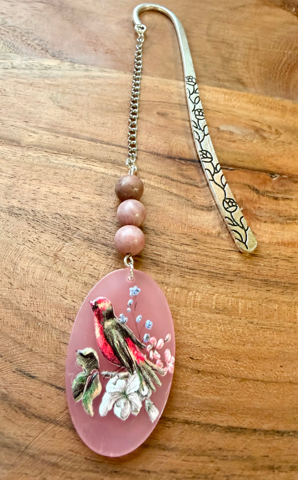 Rhodonite Crystal Bookmark With Bird Charm – Silver Tone