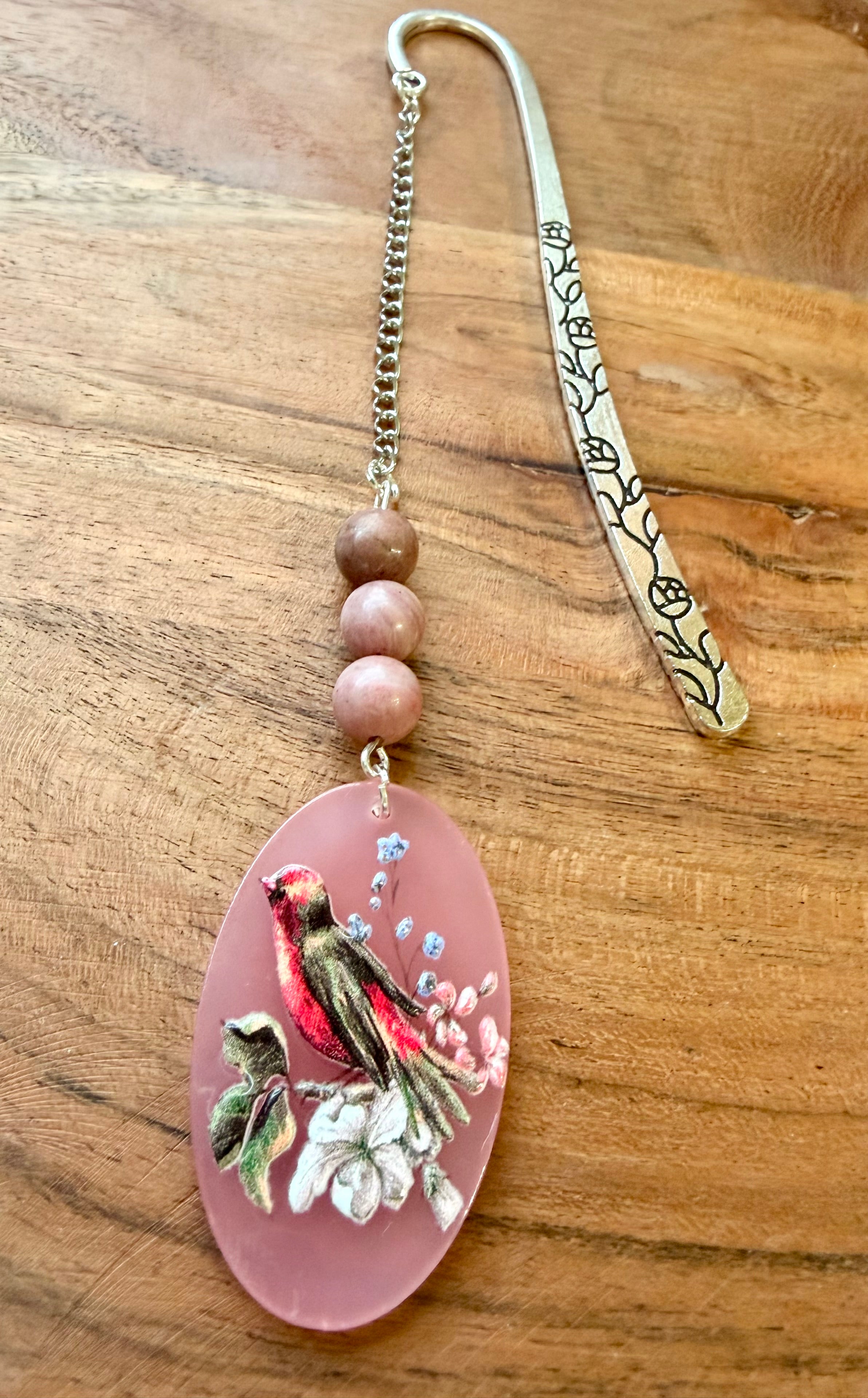 Rhodonite Crystal Bookmark With Bird Charm – Silver Tone