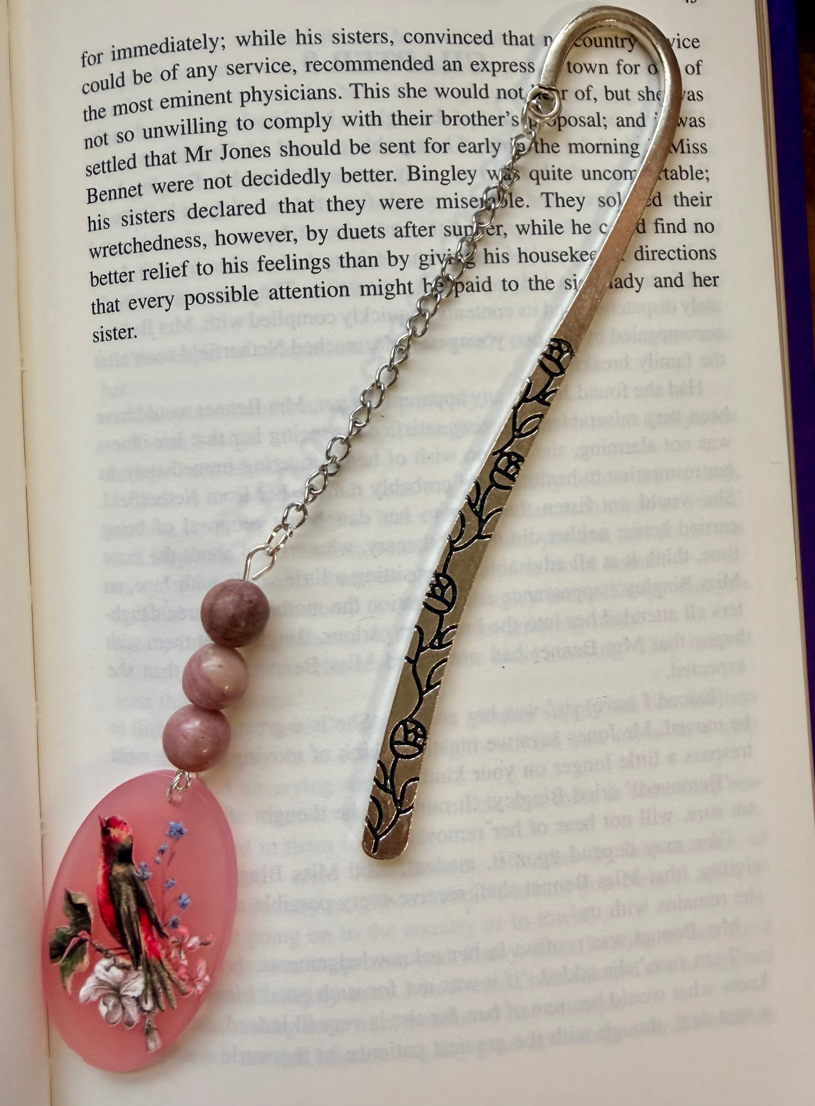 Rhodonite Crystal Bookmark With Bird Charm – Silver Tone