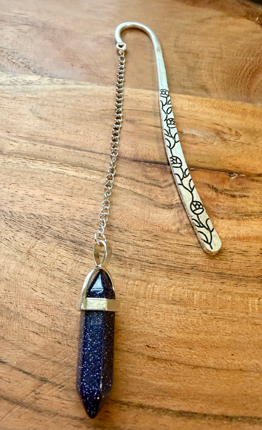 Blue Goldstone Crystal Bookmark – Silver Tone