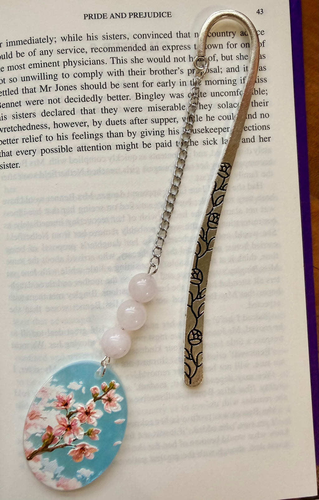 Rose Quartz Crystal Bookmark With Flower Charm – Silver Tone
