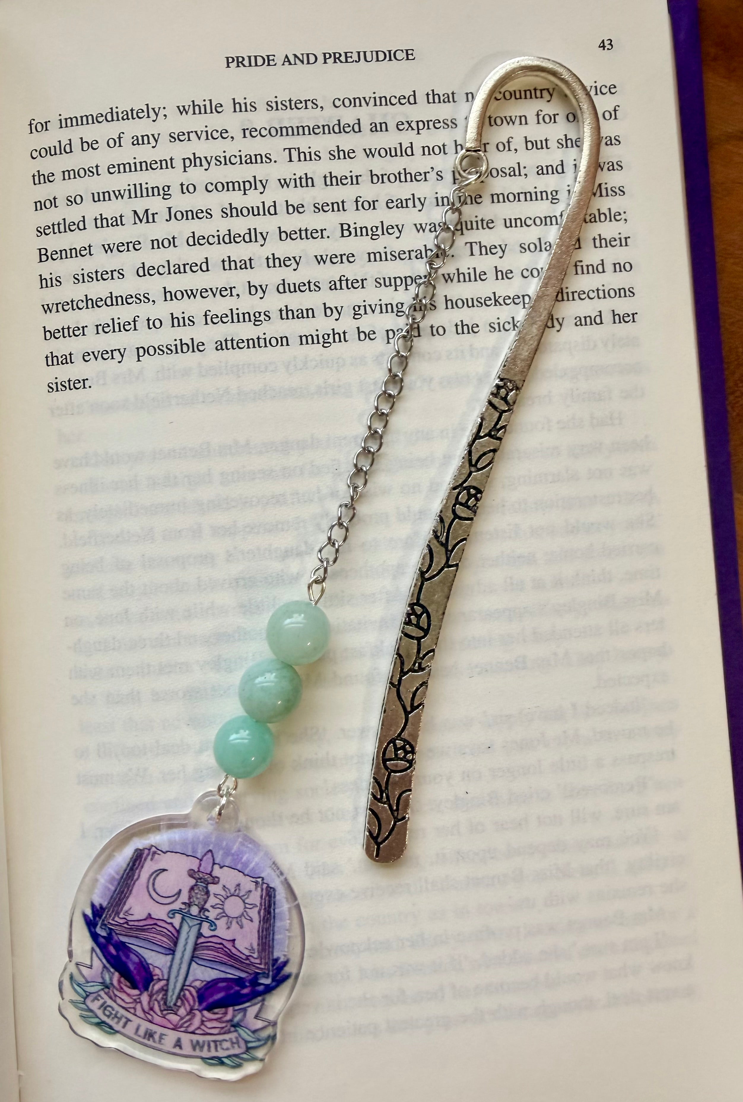 Amazonite Crystal Bookmark With Book Charm – Silver Tone