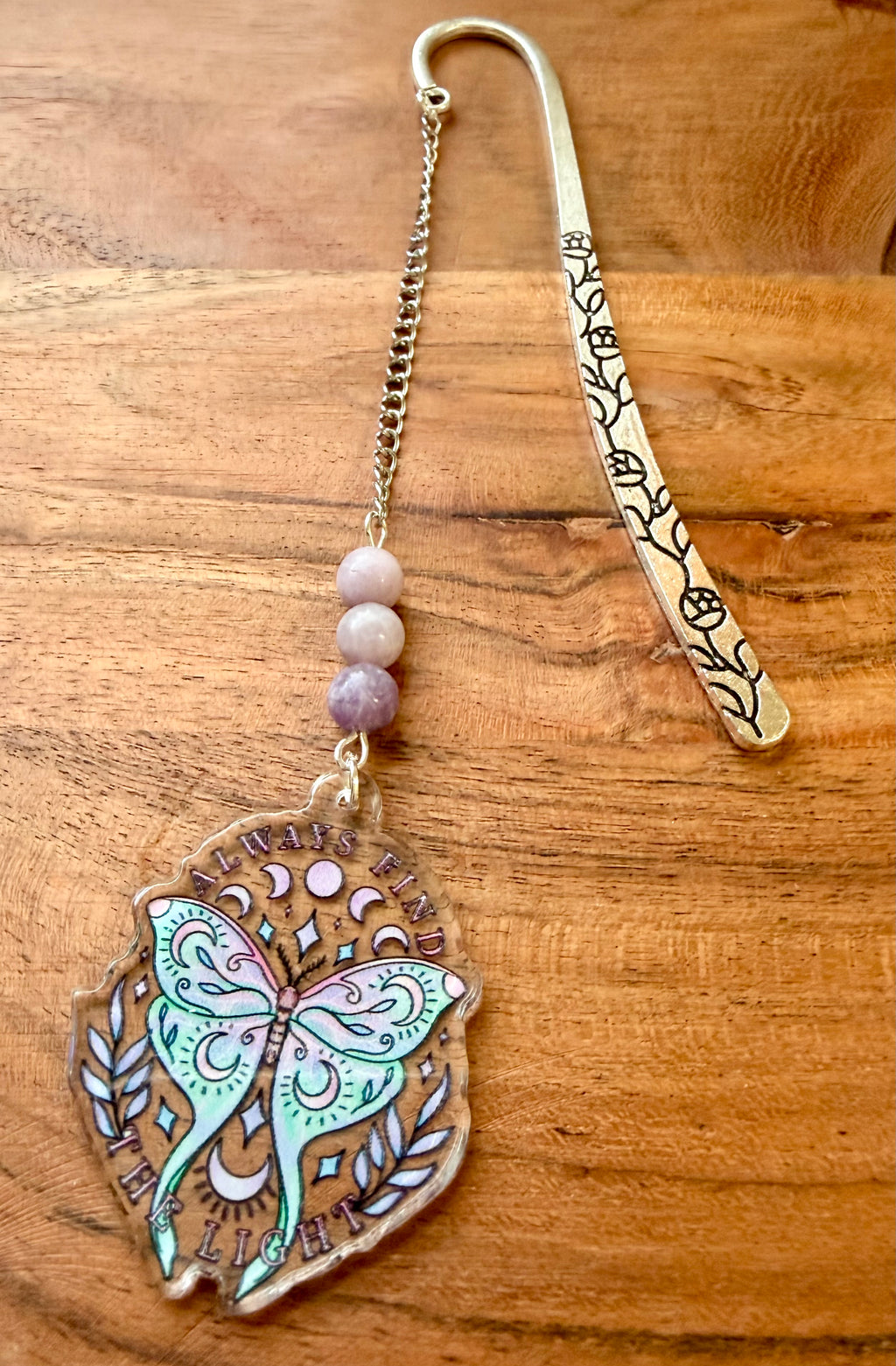 Lepidolite Crystal Bookmark With Moth Charm – Silver Tone