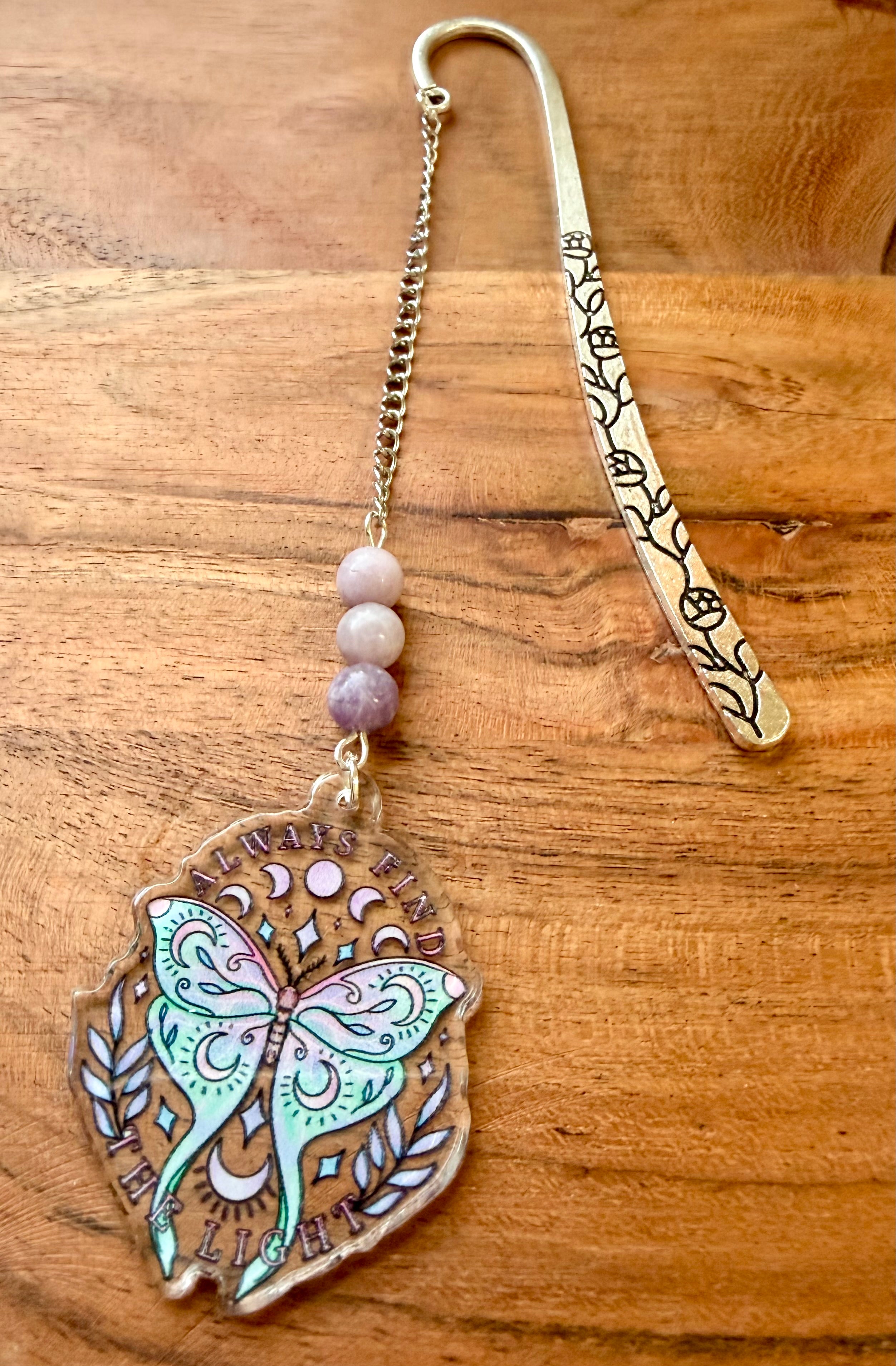 Lepidolite Crystal Bookmark With Moth Charm – Silver Tone