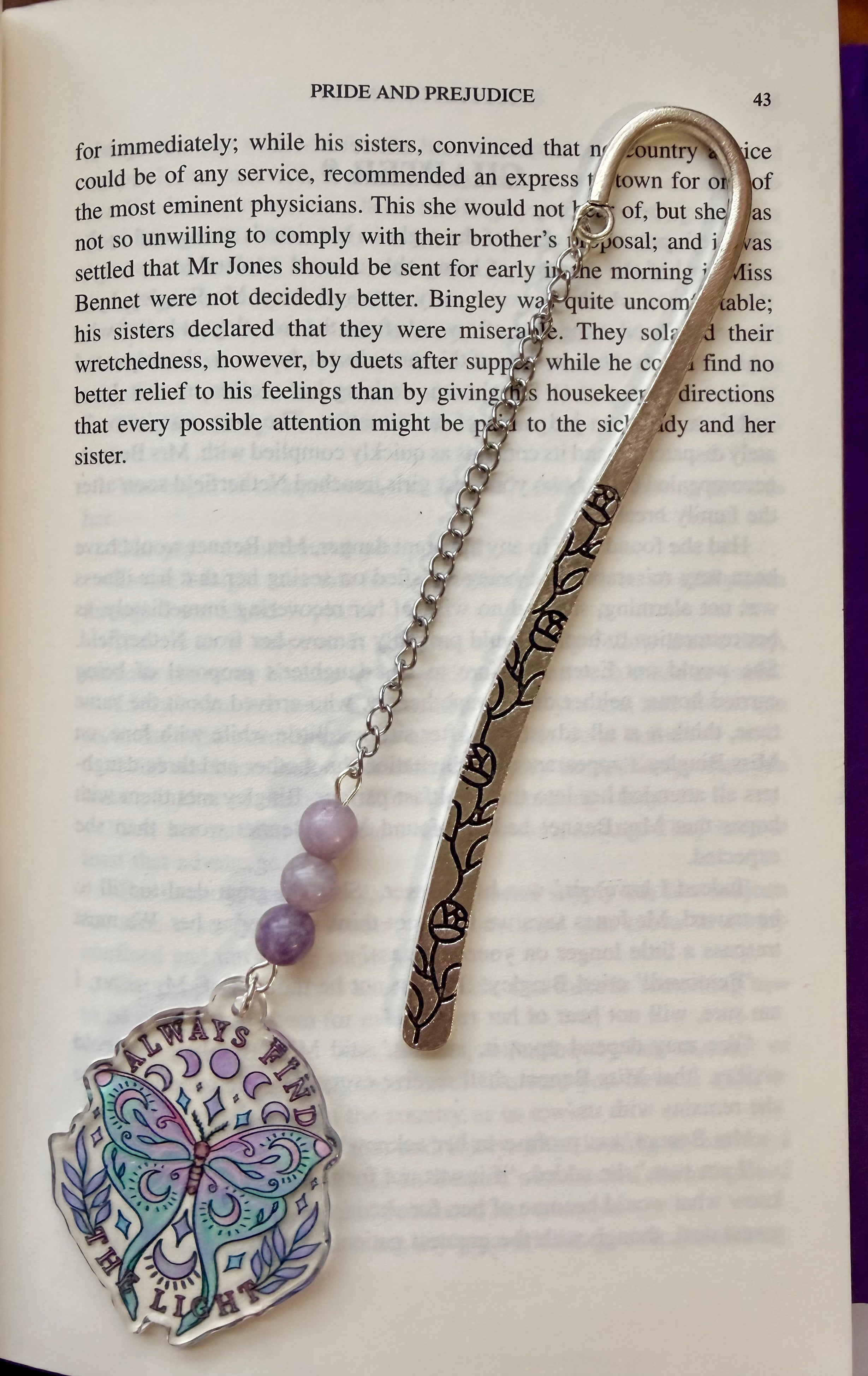Lepidolite Crystal Bookmark With Moth Charm – Silver Tone