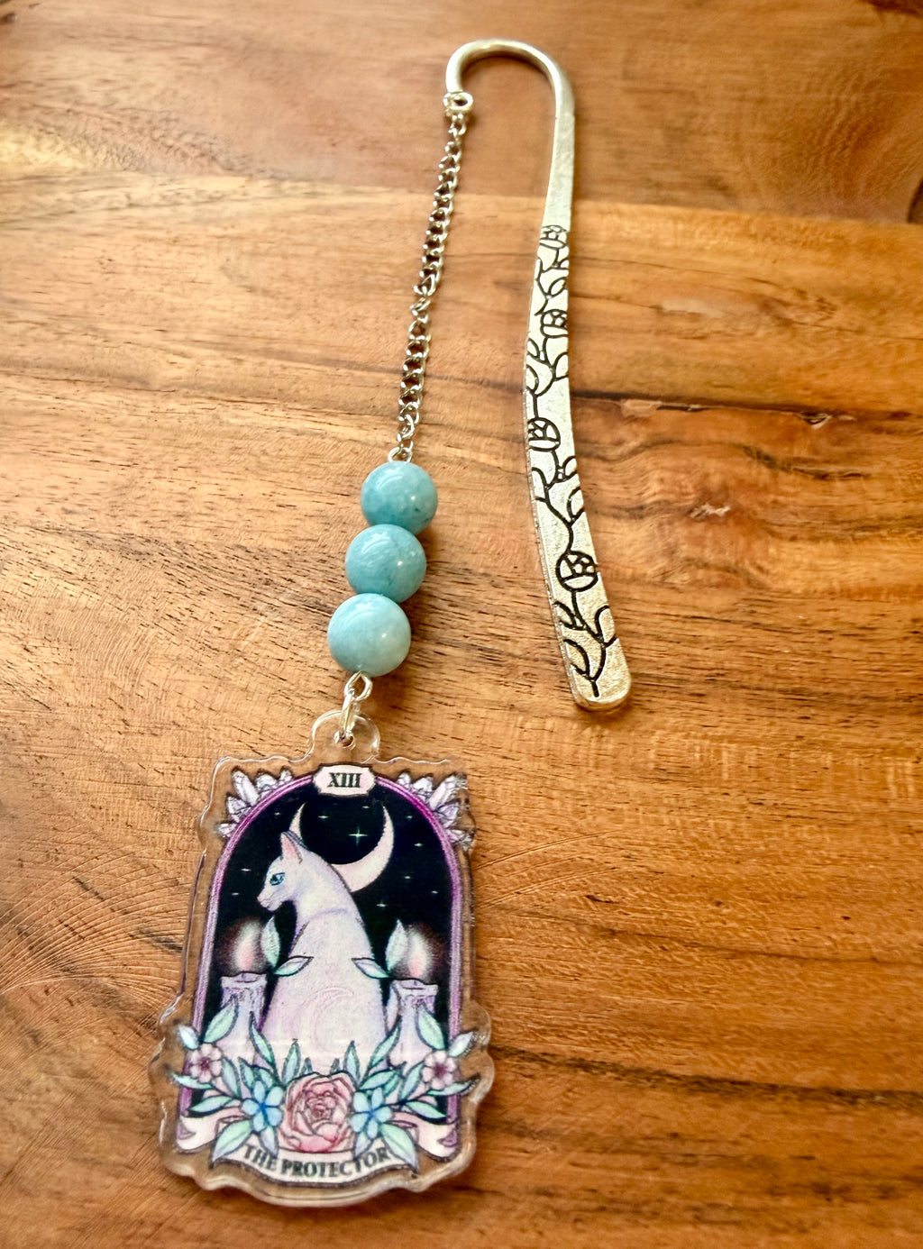 Aquamarine Crystal Bookmark With Tarot Charm – Silver Tone