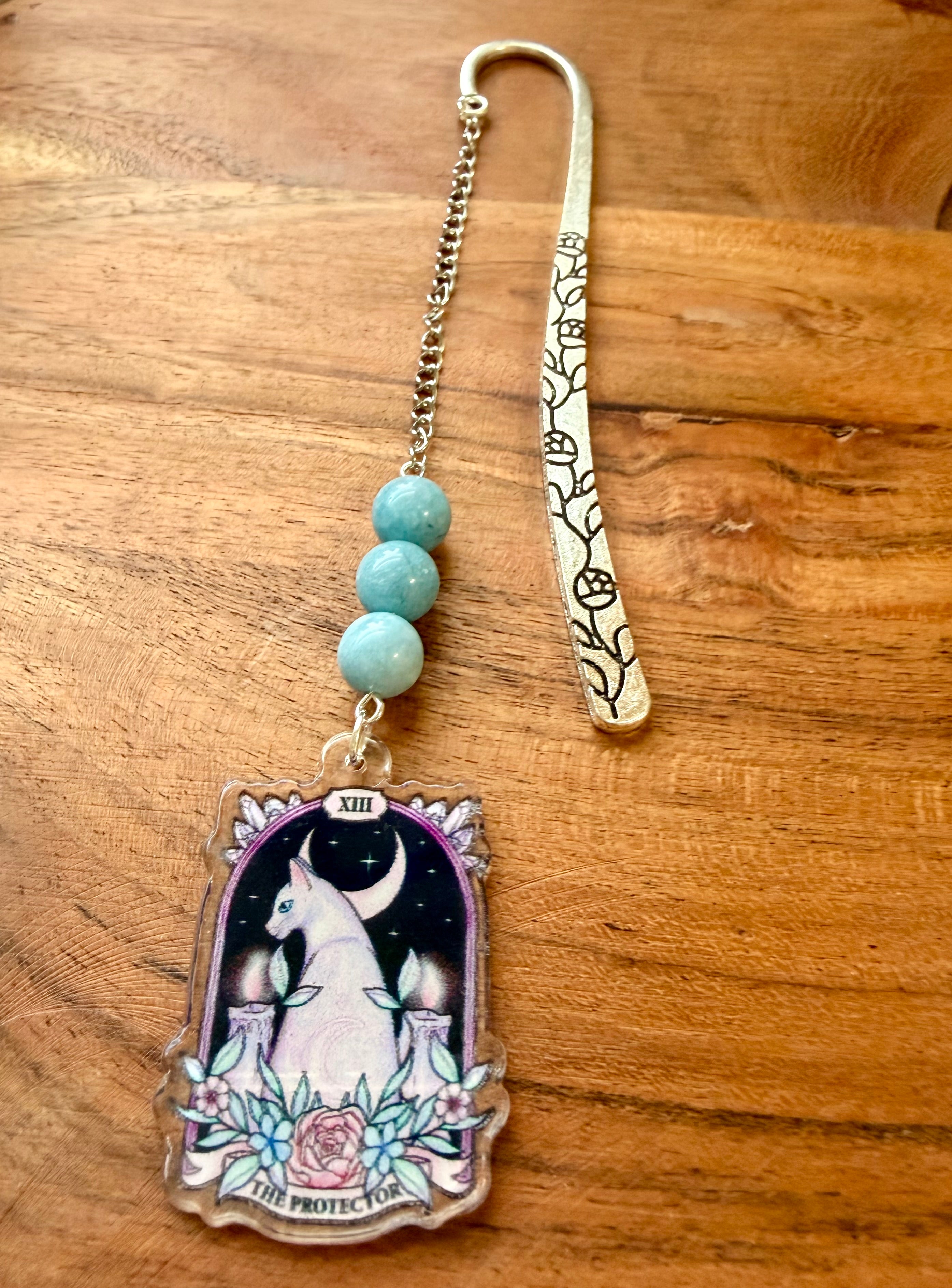 Aquamarine Crystal Bookmark With Tarot Charm – Silver Tone