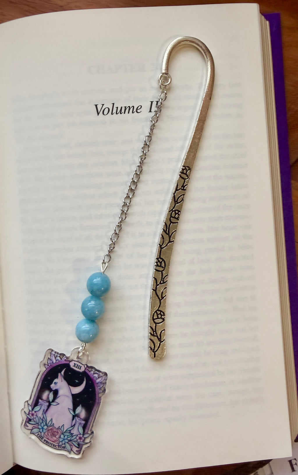 Aquamarine Crystal Bookmark With Tarot Charm – Silver Tone