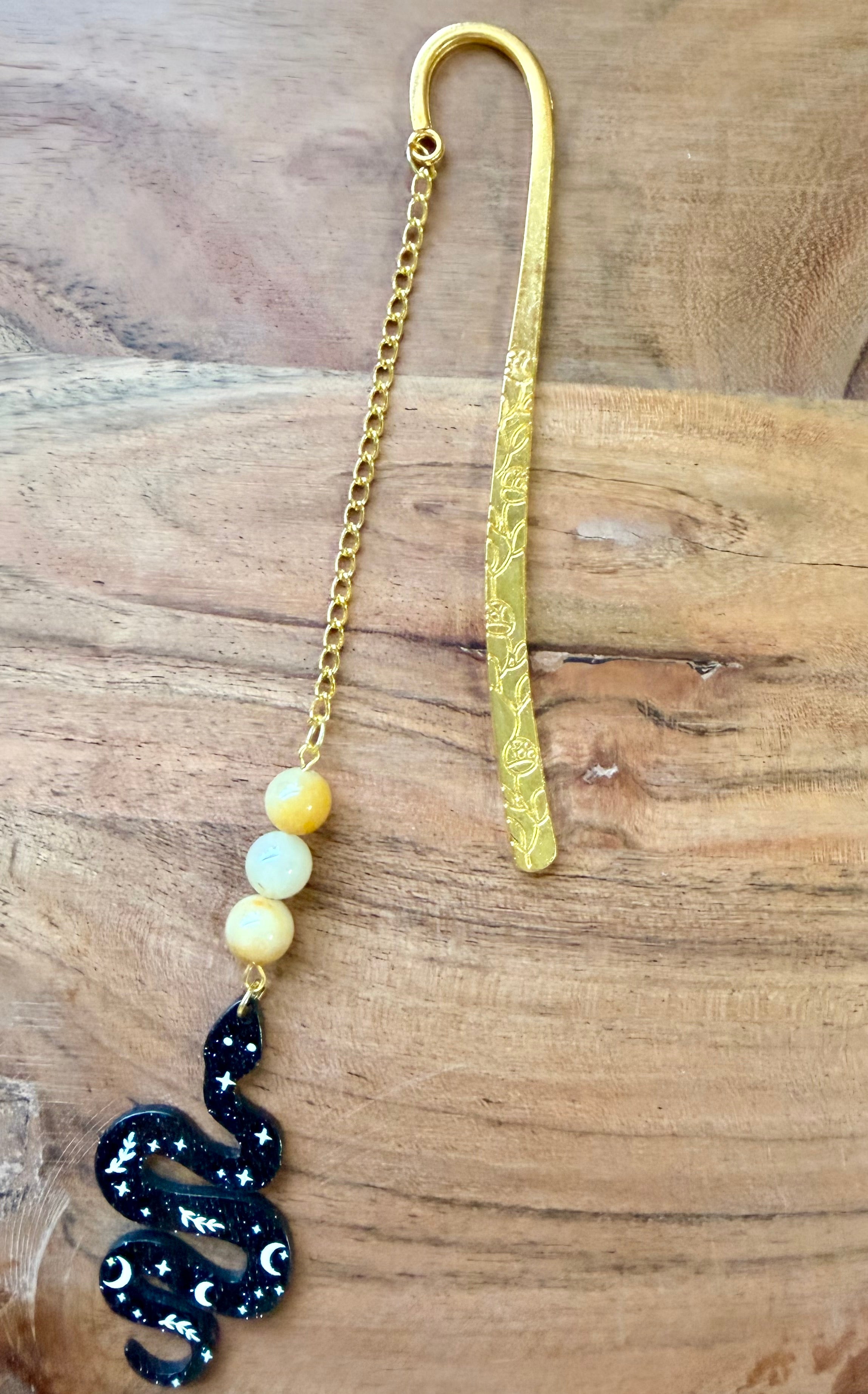 Yellow Jade Crystal Bookmark With Snake Charm – Gold Tone