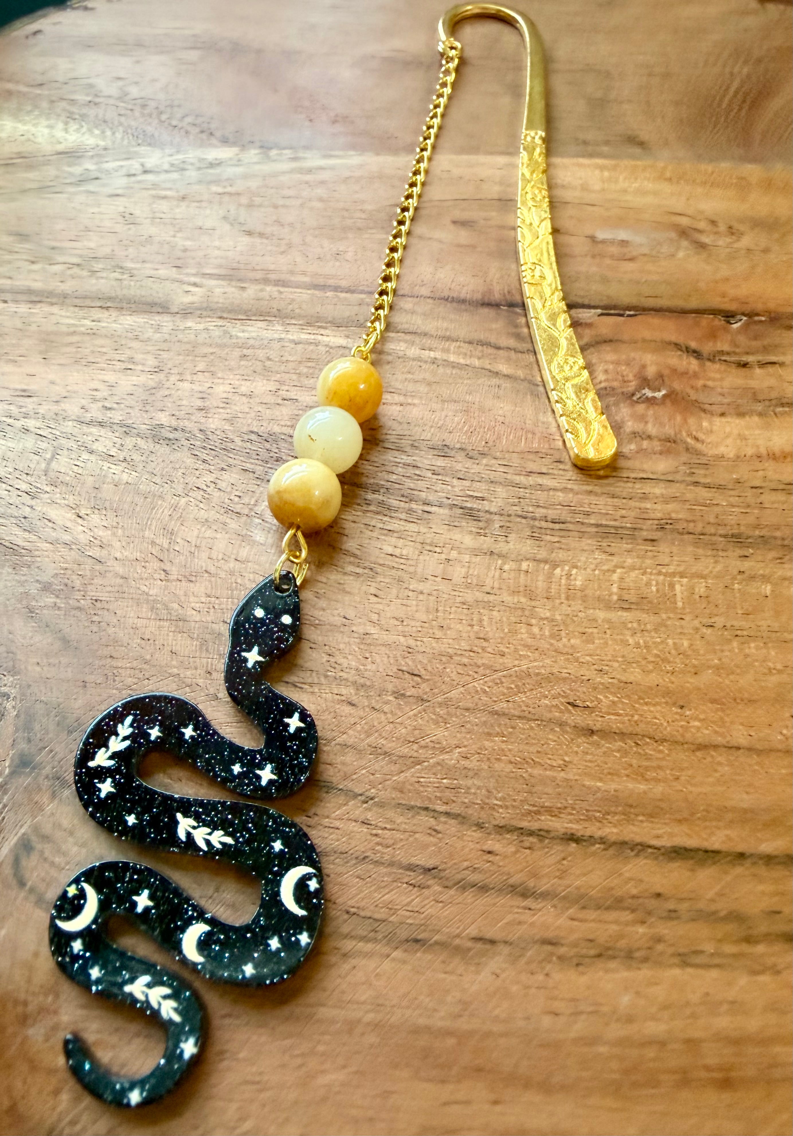 Yellow Jade Crystal Bookmark With Snake Charm – Gold Tone