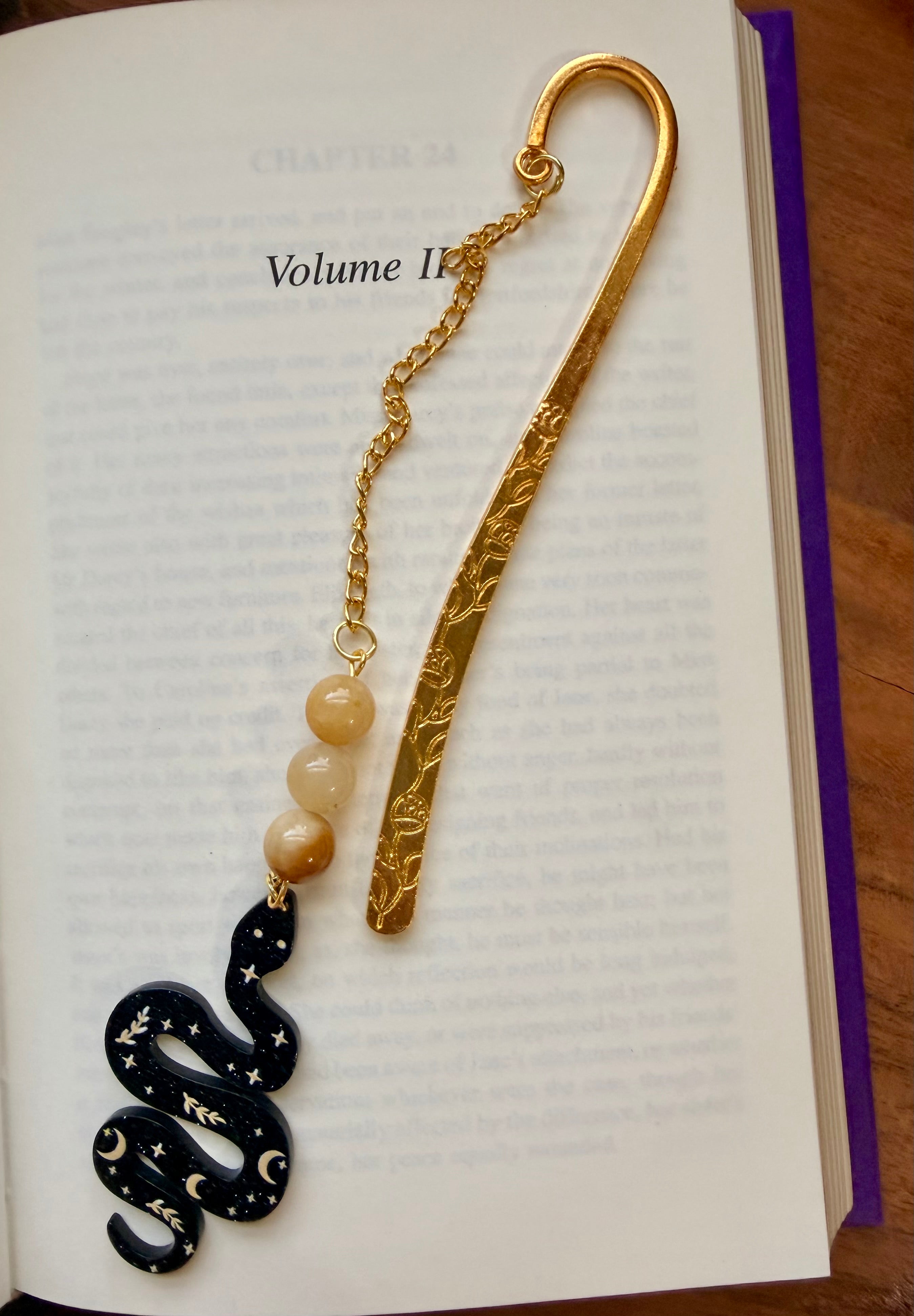 Yellow Jade Crystal Bookmark With Snake Charm – Gold Tone