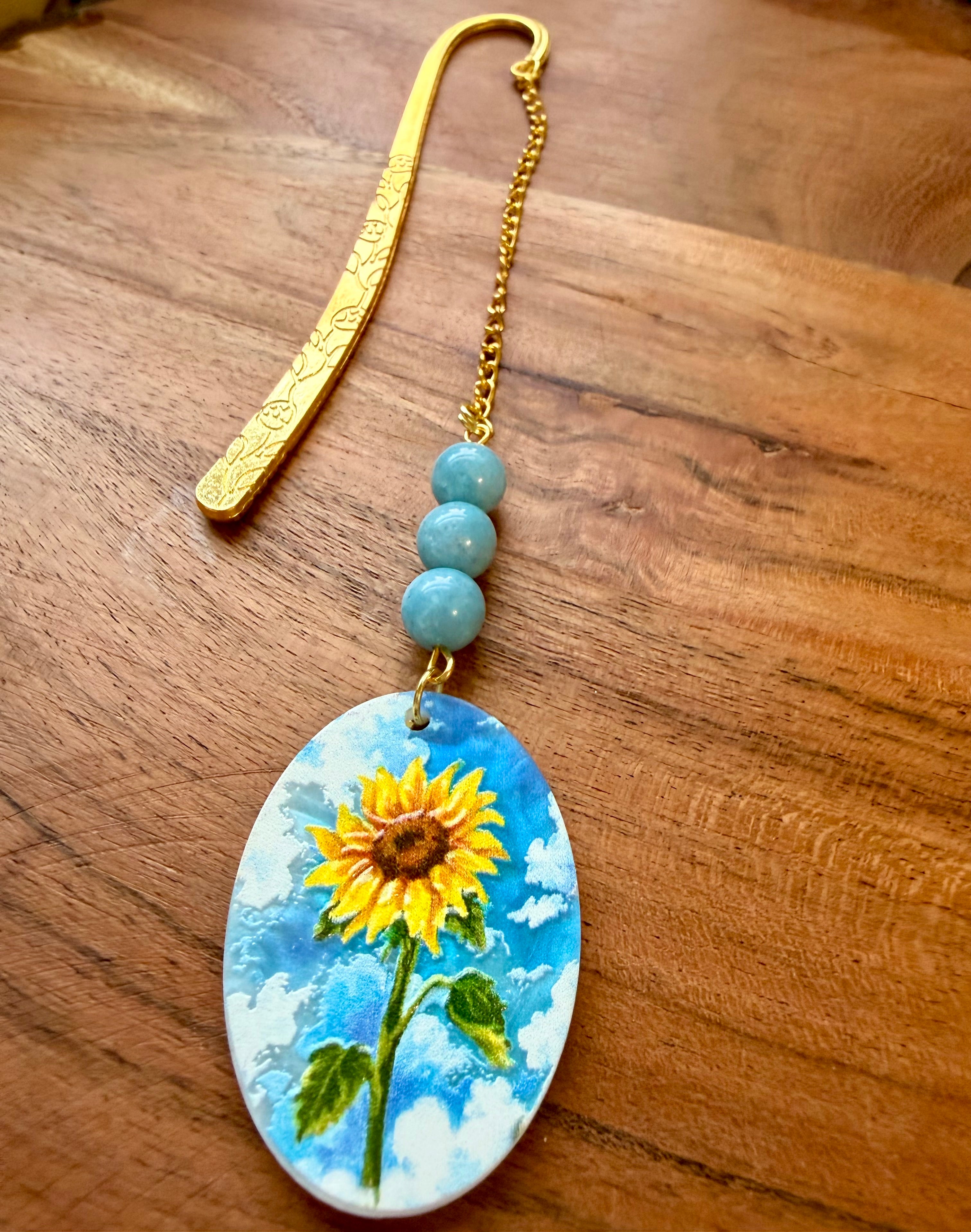 Aquamarine Crystal Bookmark With Sunflower Charm – Gold Tone