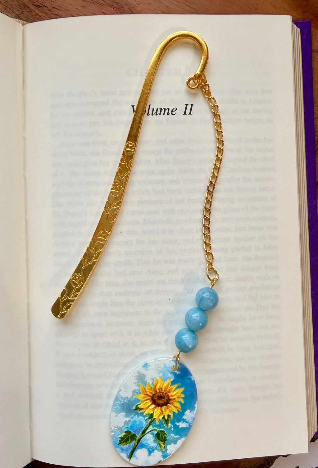 Aquamarine Crystal Bookmark With Sunflower Charm – Gold Tone