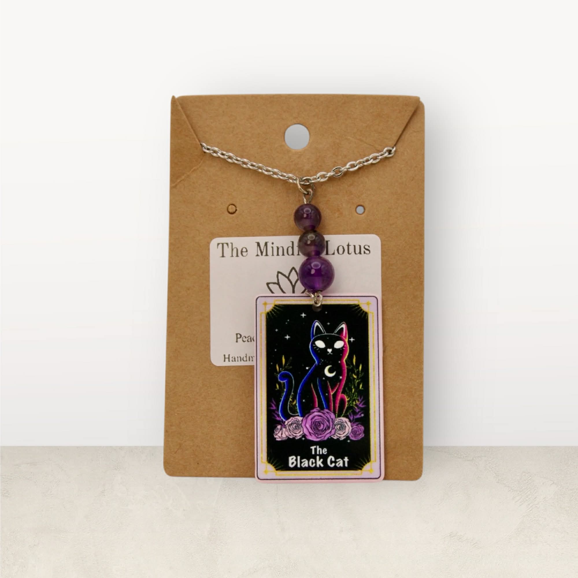 Amethyst Black Cat Tarot Necklace – Stainless Steel Chai